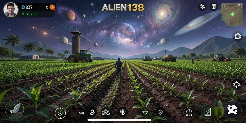 Tangkapan layar gameplay ALIEN138 dengan aktivitas pertanian yang menarik.
