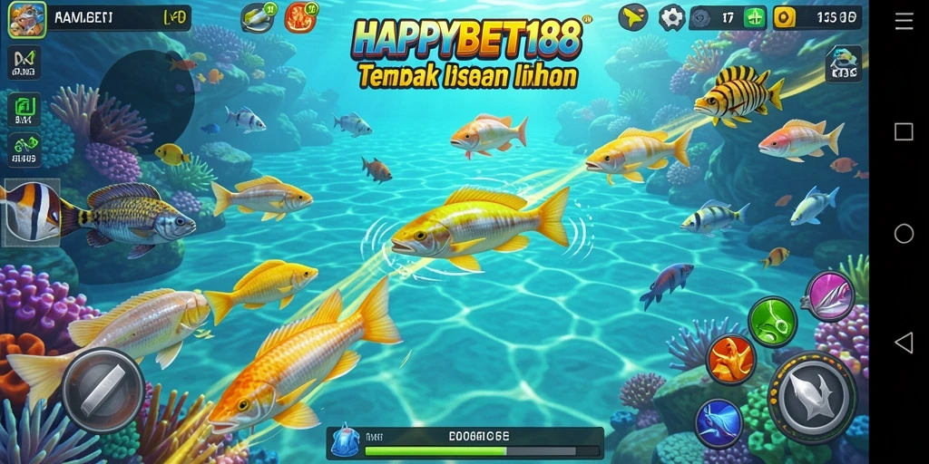Screenshot gameplay <strong>HAPPYBET188</strong> dengan ikan berwarna-warni dan aksi menembak yang seru.