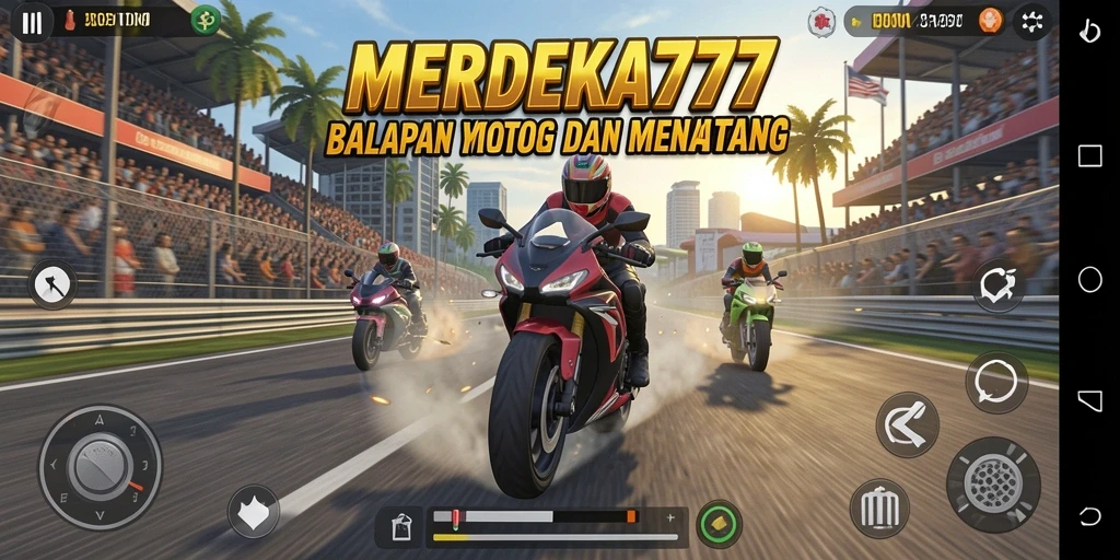 Tampilan gameplay seru dari MERDEKA777 dengan balapan motor yang mendebarkan.