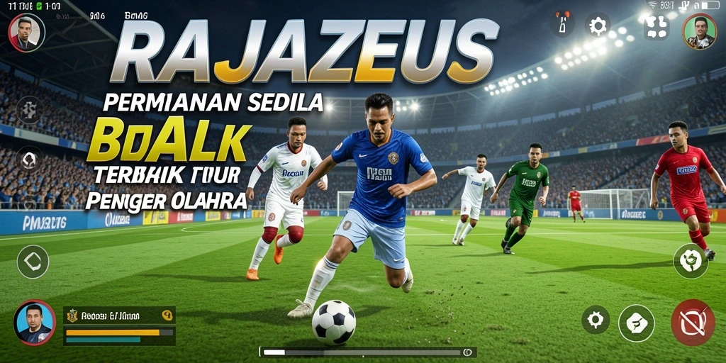 Tampilan gameplay seru dalam RAJAZEUS dengan aksi sepak bola yang mendebarkan.