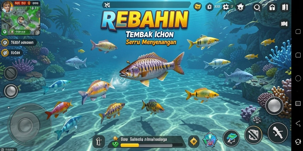 Screenshot gameplay menarik dari REBAHIN, menampilkan aksi tembak ikan.