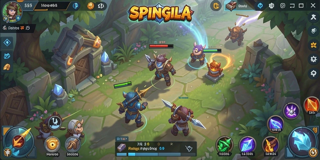 Screenshot dari gameplay SPINGILA yang menunjukkan aksi pertarungan MOBA yang mendebarkan.